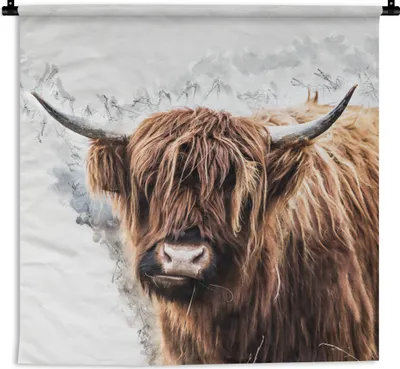 Produktbild von MuchoWow® Wandteppich Wandbehang Schottischer Highlander - Schottische Kuh 150x150 cm Tapisserie Dekoration Wandtuch - Wohnaccessoires - Modernes