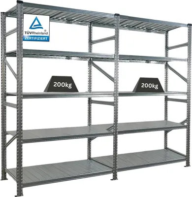Produktbild von Profi Metallregal PROXIMO mit  Stecksystem | Komplettregal | HxBxT 200x240x60cm | 5 Ebenen | Fachlast 200kg | Beidseitig nutzbar | Verzinkt | Schwerlastregal Fachbodenregal Kellerregal