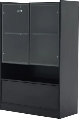 Produktbild von Vitrine 120x80x35 cm Schwarz Matt LED-Beleuchtung Glasvitrine Standvitrine Wohnzimmerschrank Glastueren Klapptuer Spanplatte Display Schrank