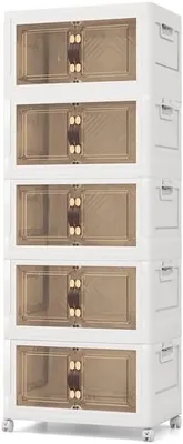 A white, multi-tiered storage unit with transparent brown doors.