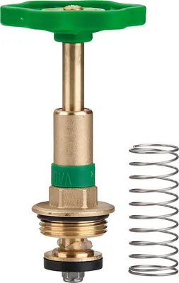 A close-up studio shot of a plumbing valve component and a spring.
