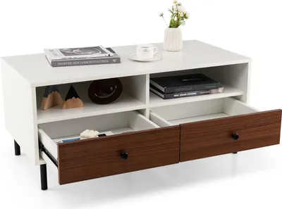 A white and coffee-colored coffee table with two drawers and open shelves, displayed against a white background.