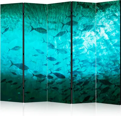 Produktbild von 5-teiliger Doppelseitiger Vlies Paravent - Underwater Paradise - Numerous Shoal of Fish in a Beautiful Turquoise-Blue Depth Illuminated by Sunlight 225x172 cm g-C-10160-z-b