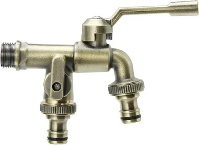 Image de Robinet de jardin double en métal massif avec pied, robinet de lavabo double à l'ancienne avec double bec (bronze vert)