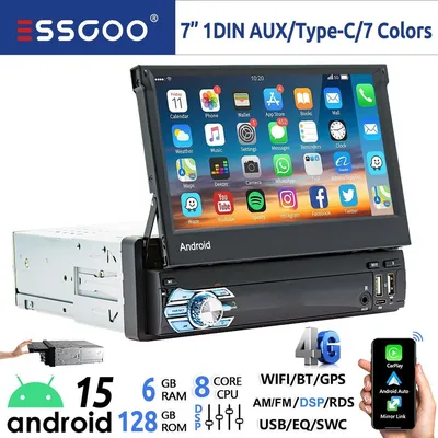 Obrázok produktu pre Autorádio 1 DIN s 7-palcovým dotykovým displejom, systém Android 15, s funkciami Carplay, GPS, Bluetooth, RDS, 4G, WiFi, 6 GB RAM, 128 GB úložiska, USB, AUX, handsfree, ovládanie z volantu a navigácia
