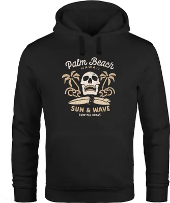 Produktbild von Hoodie Herren Aufdruck Print Totenkopf Surfing Motiv Palm Beach Kapuzen-Pullover Männer Neverless® schwarz 4XL