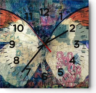 Produktbild von Wanduhr - Quadrat - Glasuhr - Schmetterling Abstraktion - 40x40cm - Schleichendes Uhrwerk - Lautlos - zum Aufhängen bereit - Dekoration Modern - Wanddekoration aus Glas - C4AC40x40-3990