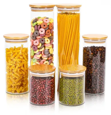 Produktbild von Set aus 6 luftdichten Glasaufbewahrungsgläsern mit Holzdeckel