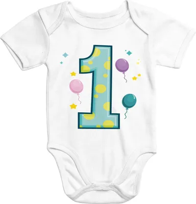 Produktbild von Kurzarm Baby-Body mit Aufdruck erster Geburtstag eins 1 Jahr Zahl Baumwolle Moonworks® weiß 0-3 Monate