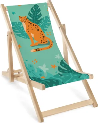 Produktbild von Kinder Liegestuhl klappbar aus Holz mit Geparden-Motiv – Kinder Klappstuhl Klappliege Sonnenstuhl Strandstuhl Gartenliege