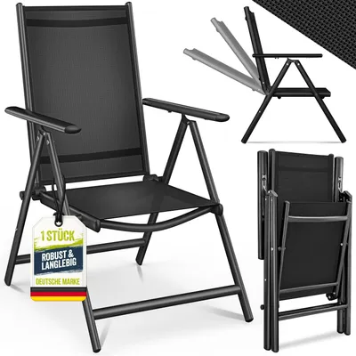 Produktbild von tillvex Gartenstuhl Schwarz klappbar aus Aluminium | Hochlehner mit Armlehnen | Klappstuhl verstellbar | Klappsessel Balkon Garten Terrasse