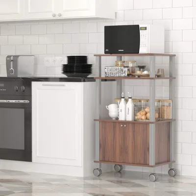 Immagine prodotto di Carrello per microonde con rotelle, carrello da cucina a 3 ripiani con armadietto, carrello di servizio in legno con 2 freni, 60 x 40 x 98 cm (caffè)