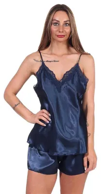 Produktbild von Damen Satin Nachtwäsche Pyjama Set Shorty mit Spitze; Dunkelblau/L