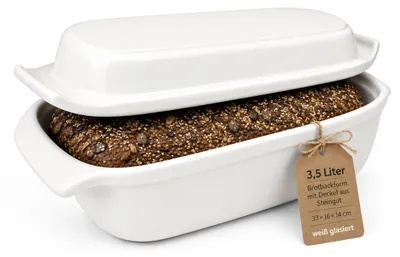 Produktbild von KERAZO 3,5 Liter Brotbackform mit Deckel aus Steingut, 33×16×14 cm, Bräter, Auflaufform, Gratinform, Schmortopf, Brottopf – weiß