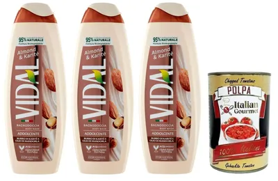 Produktbild von 3x Vidal Almond & Karitè Bagnodoccia Duschgel mit Sheabutter und Mandelöl,500ml + Italian Gourmet Polpa di Pomodoro 400g Dose