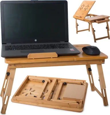 A laptop on a bamboo desk with a mouse, and a folded bamboo tray underneath. Another smaller bamboo laptop desk is shown in the background.