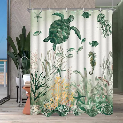 Productafbeelding van Douchegordijn 120x200 cm, zeeschildpad, anti-schimmel, waterafstotend, wasbaar, polyester met 8 ophangoogjes