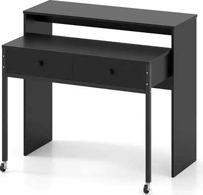 Zdjęcie produktu dla Wysuwana stacja robocza, biurko komputerowe z 2 przestronnymi górnymi półkami i 2 schowkami, na kółkach, 100 x 63 x 88 cm, czarne