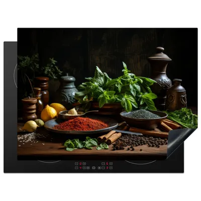 Produktbild von KitchenYeah© Herdabdeckplatte Stilleben - Kräuter - Schwarz , 71x52cm, Küche Deko, Glaskeramikkochfeld Herdabdeckung, Abdeckplatte fùr Kochfeld