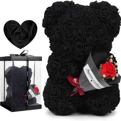 Teddybär aus Rosen in Geschenkbox, 25 cm, schwarz, handgefertigt