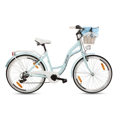 Produktbild von Goetze Mood 26 Zoll City Bike, 17 Zoll Tiefeinsteigerrahmen, 6-Gang Shimano Tourney, V-Bremse, LED-Beleuchtung, Komfortsattel, Rattankorb