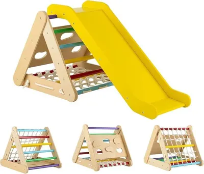 Imagen del producto de Estructura de juego triangular 4 en 1 con tobogán y red de escalada, juguete de madera para escalar, estructura de juego interior para que los niños a partir de 1 año puedan deslizarse y escalar (de colores)