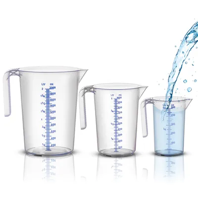 BigDean Messbecher-Set - 3 Größen: 500ml, 1L, 2L - bruchsicher, temperaturbeständig, farbige Skala transparent & blau -  Germany