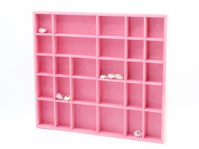 Produktbild von Woodweaver | Holzregal 28 Fächer | 45x40x3,5cm | Rosa | Schmucktablett für Mädchen | Für Ü-Ei Figuren, Mineralien, Steine | Aufbewahrung für Schmuck