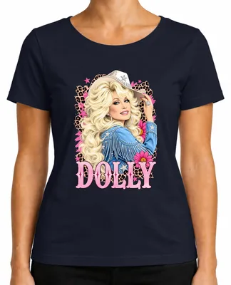Immagine prodotto di Maglietta da donna, stile retrò western, con la scritta "Dolly Parton", leggenda della musica country, immagine di una cowgirl. Colore: blu navy. Taglia: M