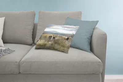 Produktbild von MuchoWow® Zierkissen Sofakissen Wohnzimmer Dekokissen 60x40 cm Schottische Hochlandrind - Nebel - Gras - Kopfkissen - Polster mit Foto