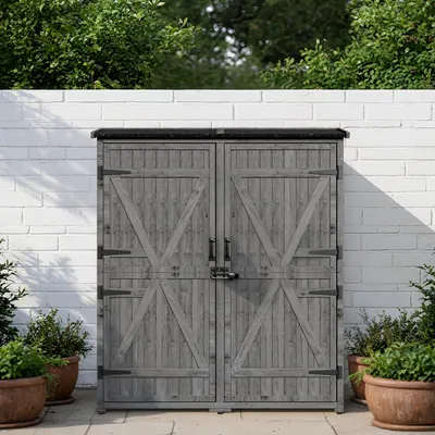 Image de BEALIFE Armoire de jardin 140x44x162 cm | 2 portes & grande capacité | Avec serrure de sécurité & toit étanche | Bois naturel/gris CC40