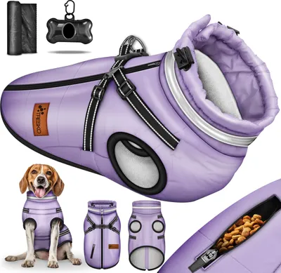 Produktbild von TRESKO® Hundejacke Lila / Größe M Winter mit Reflektoren inkl. 15 Stück Kotbeutel + Spender | Hunderegenmantel wasserdicht | Hundemantel inkl. Geschirr | Hunde Winterweste gefüttert