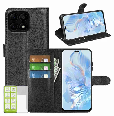 Immagine prodotto di Per Honor X8b Custodia per cellulare Nero Custodia in Pelle finta + H9 Vetro temperato
