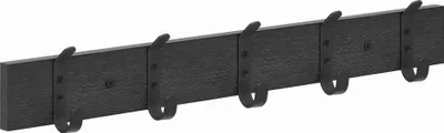 A black wooden coat rack with five hooks against a white background.