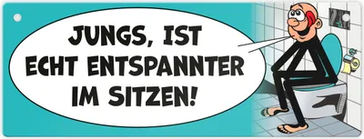 Produktbild von Bitte im sitzen pinkeln Metallschild im Comic-Stil in türkis