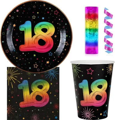 Produktbild von 18. Geburtstag Einweggeschirr bunt Partyset Party Geschirr Pappteller Pappbecher Servietten