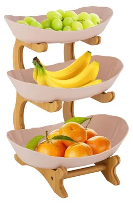 Image de Panier à fruits à 3 niveaux avec support en bambou - Beige