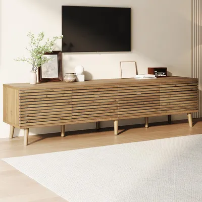 Obrázok produktu pre MODFU TV stolík pre 75-palcovú televíziu, TV skrinka 180 x 40 x 46 cm, TV nábytok so 4 zásuvkami a 6 priehradkami, televízna komoda s dreveným vzhľadom a vysokými nohami
