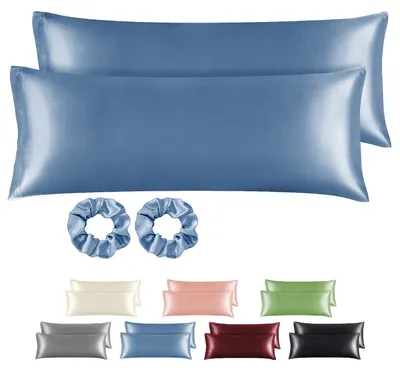 Productafbeelding van Satijn kussensloop 40 x 145 cm, blauw – Kussensloop voor zijslapers, 40 x 145 cm, set van 2 met 2 elastische haarbandjes, vergelijkbaar met een satijnen kussensloop, kussensloop 145 x 40 cm voor zijslapers