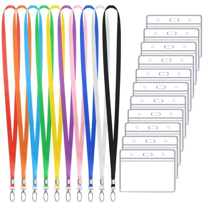 Produktbild von Ausweishalter mit Lanyard, 10er-Set. Transparente Kartenhalter, 10 Stück. Schwarzes Lanyard mit drehbarem Clip, Ausweishalter für Schüler und Angestellte.