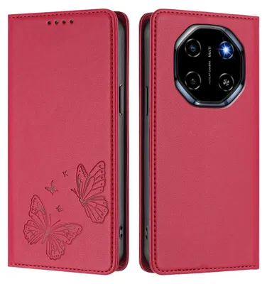 Image de Étui en cuir pour Blackview Shark 6 / Oscal Tiger 8, motif papillon, étui portefeuille à rabat avec support, rouge