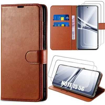 Image de Coque + 2 Verres Trempés pour Xiaomi Redmi Note 15 5G/4G, Protection Antichoc Cuir Synthétique - Marron