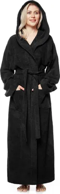 Produktbild von Bademantel Pandora für Damen mit Kapuze, extra lang, 100% Baumwolle, Farbe:Schwarz, Größe:M