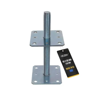 Produktbild von NAJDER Pfostenträger 80x80 mm Höhenverstellbar 250 mm Regulierbar Gewinde M24 mm Bodenfuß Silber Verzinkt Höhenverstellbar Betonfuß Zum Aufschrauben Stützenfuß (80x80x250 mm)