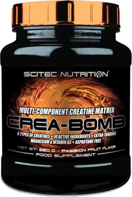 A black jar of SCITEC Nutrition Crea-Bomb Passion Fruit food supplement.