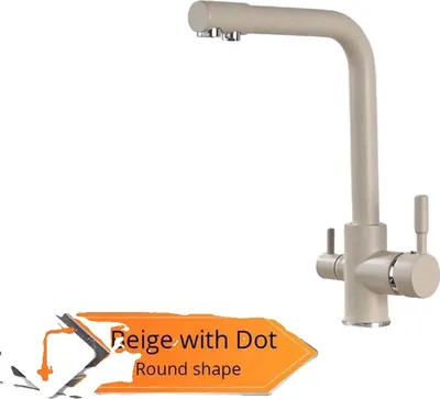 A beige kitchen faucet with dual handles is shown against a white background. There is an orange graphic overlay with text.