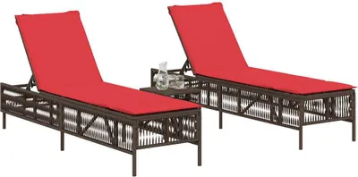 Image de vidaXL Bains de soleil 2 pcs. avec table brun Poly rotin
