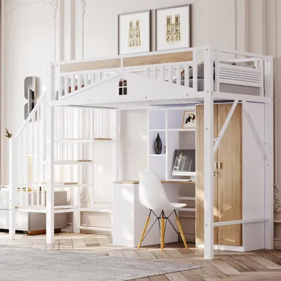 Produktbild von okwish Hochbett 90 x 200cm, Metall-Sicherheitszaun mit Holzsprossen, Mit Metallkugel und Fensterdesign, Steigleiter von links nach rechts austauschbar,Sicherheitsleiter zur Aufbewahrung, Weiß(Ohne Matratze)