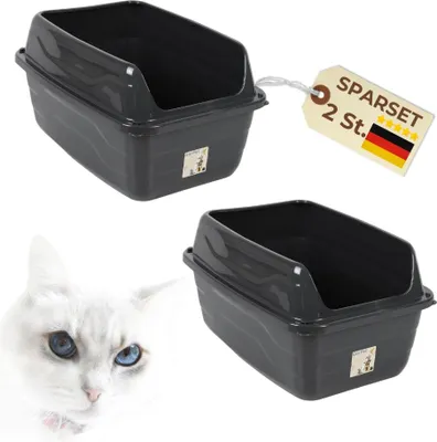 Produktbild von 2er Set Katzentoiletten mit hohem Rand Schwarz Katzentoilette XXL Katzenklo offen hoher Rand Katzenklo ohne Deckel Extra Hoch 56x40x30 cm Anthrazit