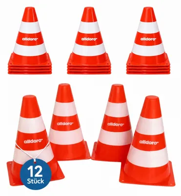 Produktbild von Pylonen 12er Set – Robuste Markierungskegel für Sport, Spiel und Verkehrserziehung, 18 cm hoch, Orange-Weiß, stapelbar